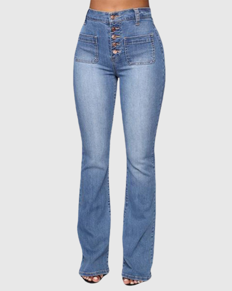 High Waist Washed Stretch Single Breasted Multi Button Straight Leg Jeans