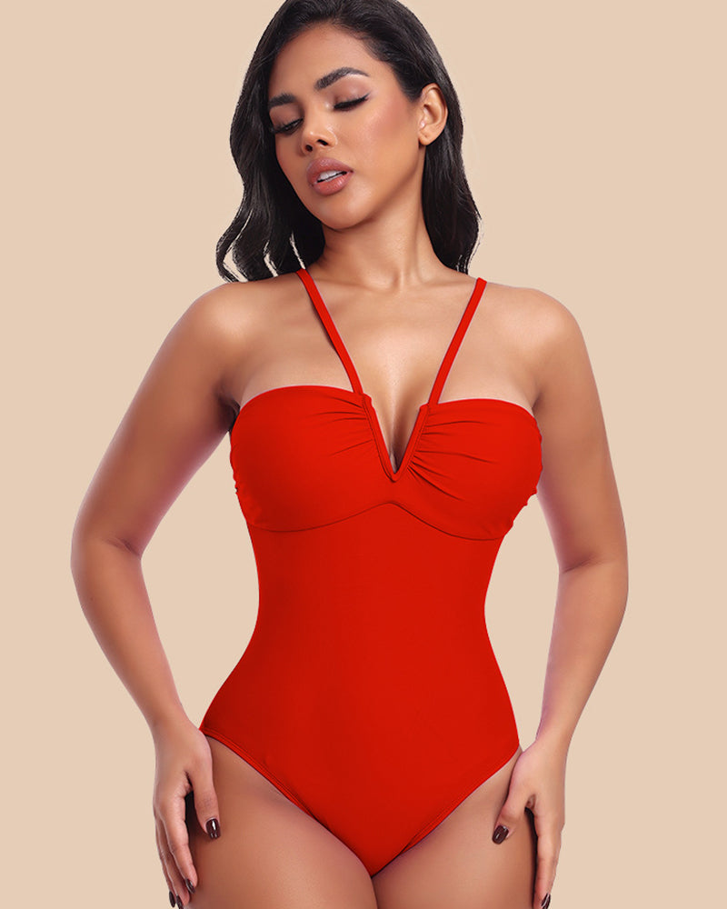 Sexy Strappy Triangle V-shaped Halter Neck One-piece Body Shaping Swimsuit