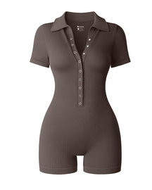 Ribbed Short Sleeve Stand Collar Rompers Front Buttons Stretch Exercise Jumpsuits