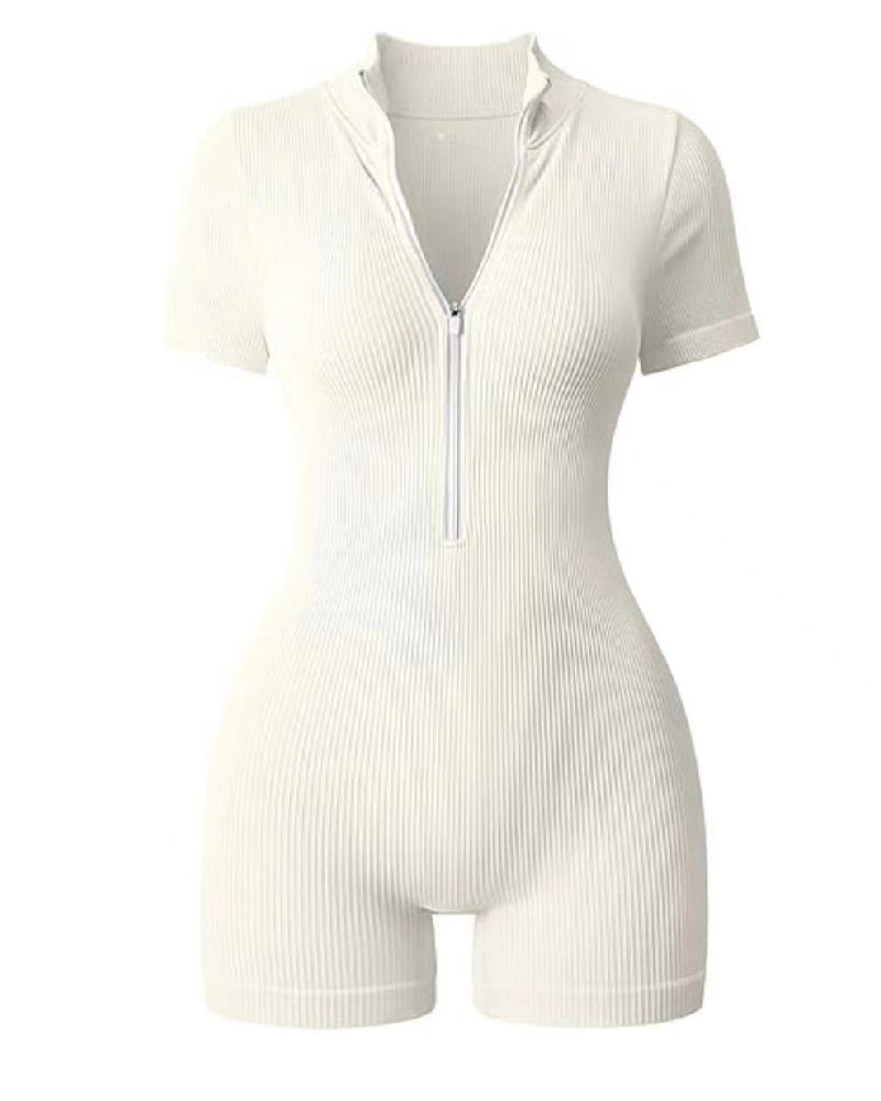 Women's Ribbed Short Sleeve Zip Front Jumpsuit Stretch Tummy Control Yoga Rompers