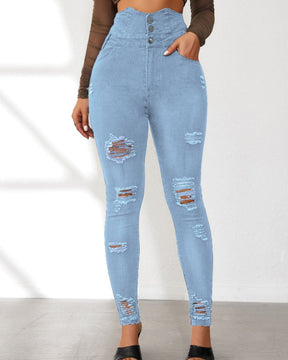 Fashion High Waist Multi-Breasted Ripped Jeans