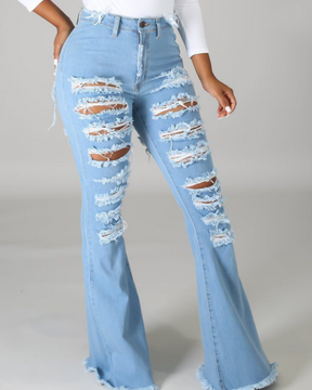 High-Waisted Broken Hole Flared Jeans for Women