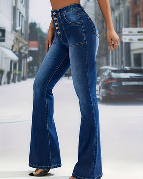 High Waist Single Breasted Flared Jeans Elastic Slim Fit