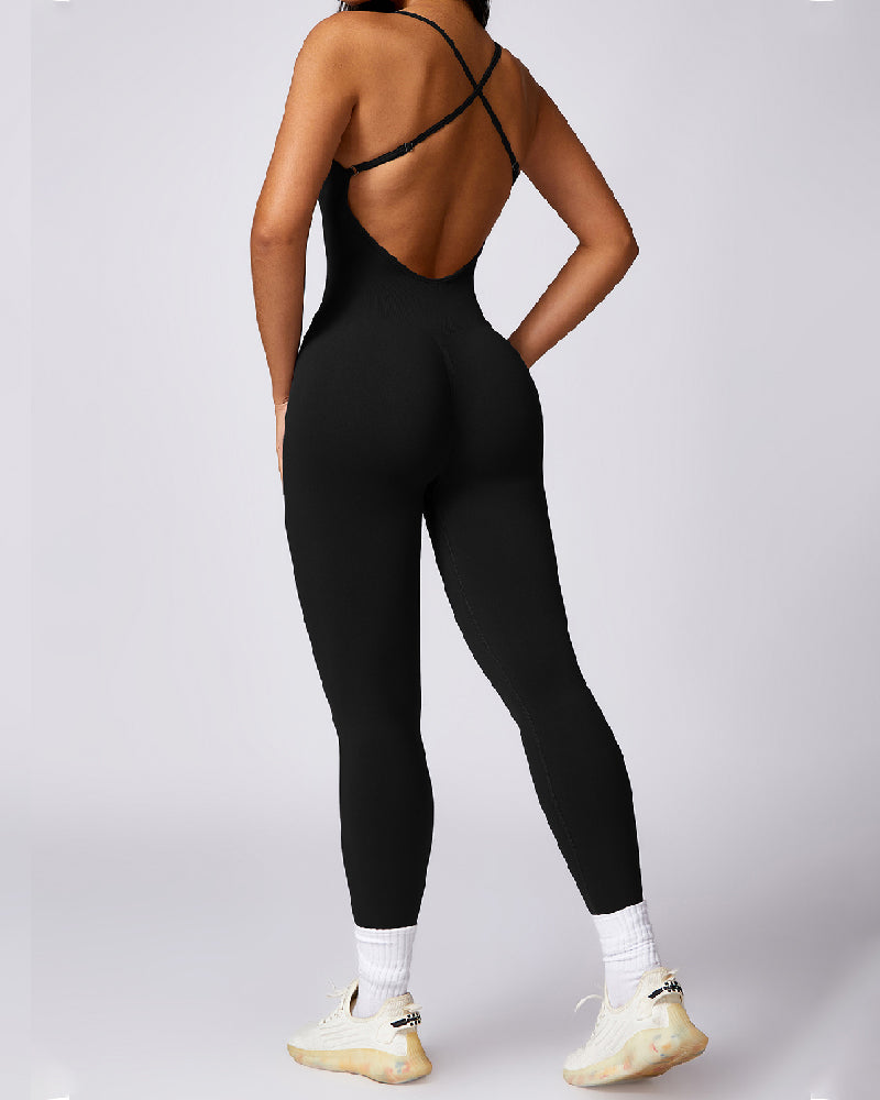 Women's Seamless Workout Backless Criss-Cross Opaque Sleeveless Jumpsuits