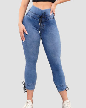 Jeans colombianos de talle alto con cordón y levantamiento de glúteos para mujer