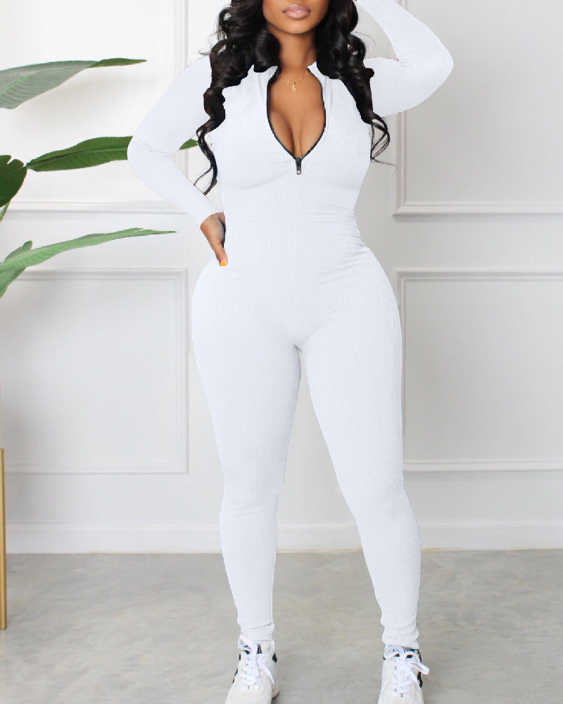 Women's Sexy Ribbed Long Sleeve Zipper Jumpsuits Casual Solid Bodycon Rompers