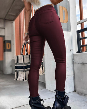 Sexy High Waist Stretchy Faux Leather Leggings Pants with Multi-button