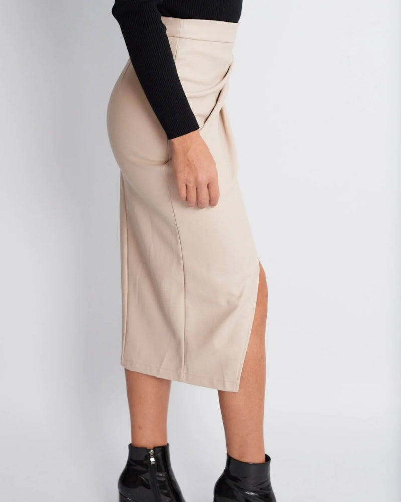 PU Slit Skirt High Waist Zipper Pleated Leather Skirt