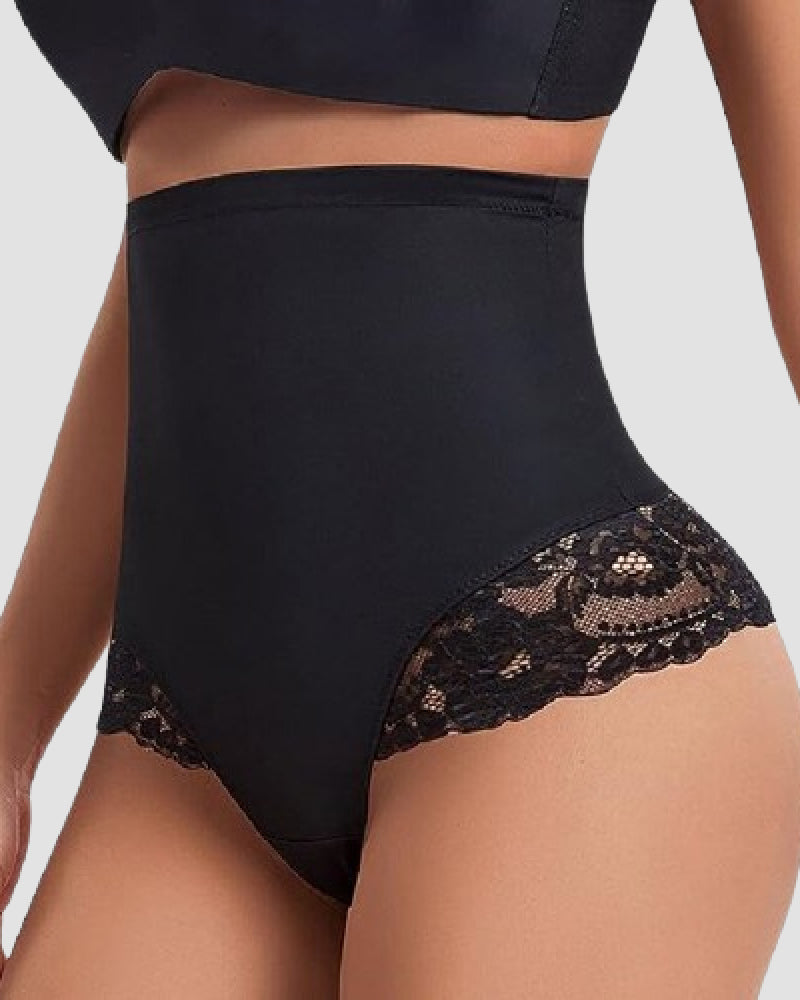 Ropa interior moldeadora de encaje sin costuras con control de barriga, tanga de compresión de cintura alta