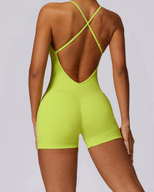 Seamless V-Back Cross Romper Tummy Control One Piece Shorts Sports Jumpsuit