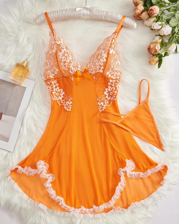 Lace Bowknot Sleeping Dress Thong Set Spaghetti Strap V Neck Lingerie