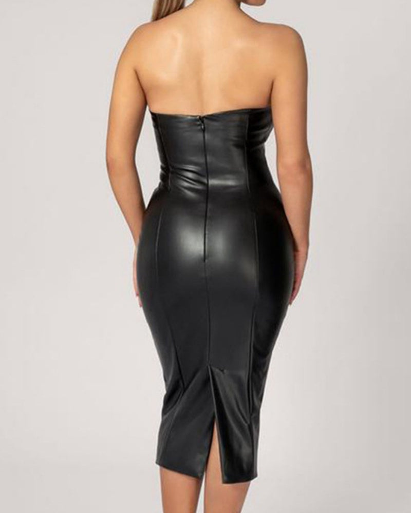 PU Leather Slim Fit Tube Top Sexy Dress with Back Slit