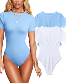 Women Sexy Ribbed Round Neck Short Sleeve Tummy Control Thong Bodysuit