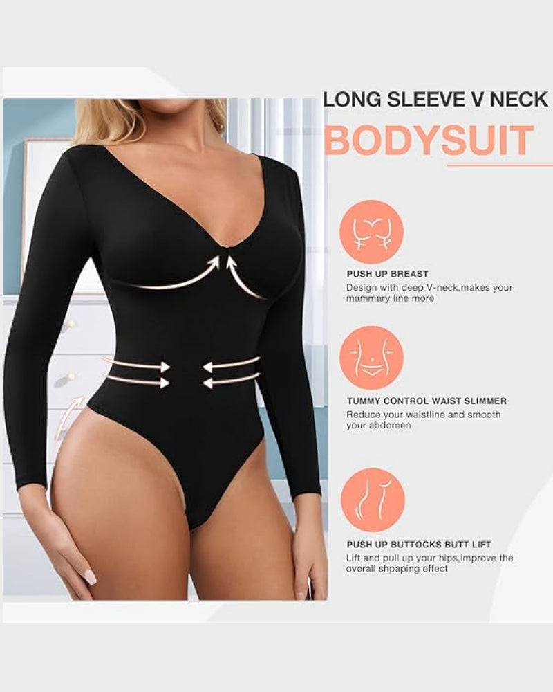 Tummy Control Long Sleeve Bodysuit V Neck One Piece Slim Top Shapewear