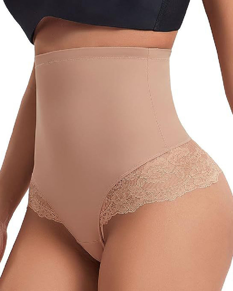 Ropa interior moldeadora de encaje sin costuras con control de barriga, tanga de compresión de cintura alta