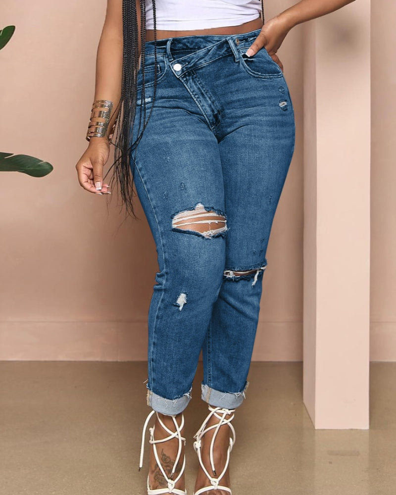 Fashionable Oblique Button Ripped High Waist Slim Fit Skinny Jeans