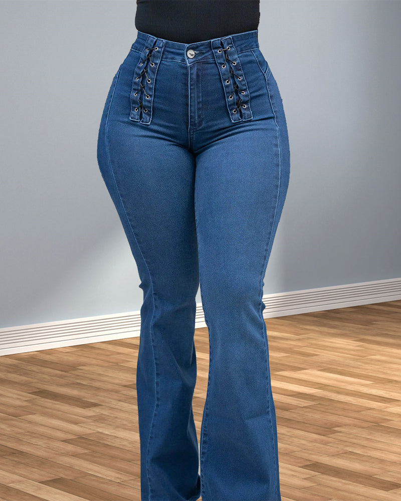 Sexy Curvy High Waisted Hip Lift Flared Jeans With Lace Up (Pre-Sale)
