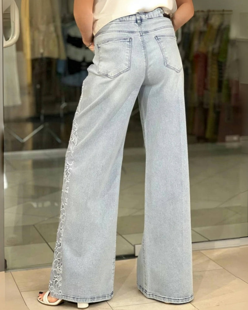 Chic Wash High Waisted Flared Jeans with Side Lace Panel (Pre-Sale)
