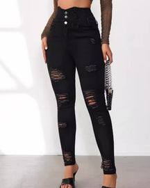 Fashion High Waist Multi-Breasted Ripped Jeans