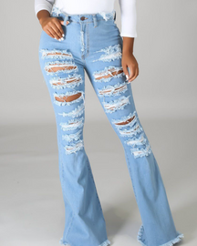 High-Waisted Broken Hole Flared Jeans for Women