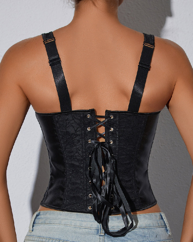 Jacquard Square Neck Zipper Shapewear Top Sleeveless Lace Up Corset Crop Tank Tops