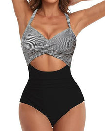 One Piece Cutout Swimsuits Tummy Control High Waist Tie Back Swimwear