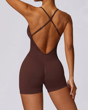 Seamless V-Back Cross Romper Tummy Control One Piece Shorts Sports Jumpsuit