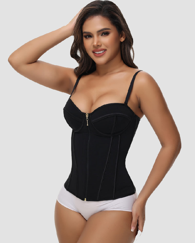 Women's Sexy Zipper Front Boned Overbust Spaghetti Strap Corset Bustier Tops