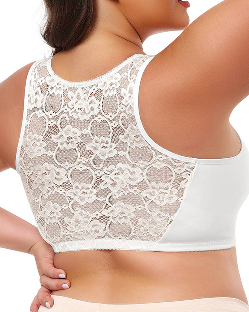 Front Closure Wireless Lace Back Vest Bra Plus Size Full Cup Bra