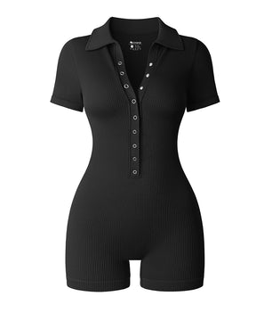 Ribbed Short Sleeve Stand Collar Rompers Front Buttons Stretch Exercise Jumpsuits