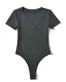 Ribbed V Neck Short Sleeve Bodysuit Top Tummy Control Thong Shapewear