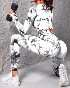 Seamless Tie-Dye Long Sleeve High Waist Tummy Control Bodycon Yoga Suit