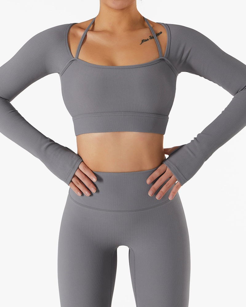 Ribbed Skinny Halter Neck Long-sleeved Yoga Set with Chest Pad