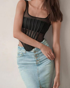 Sexy Mesh Paneled Boned Corset Vest Lace Up Back Bustier Cropped Top