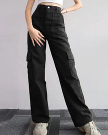 Pantalones vaqueros cargo rectos de talle medio para mujer, pantalones casuales con múltiples bolsillos