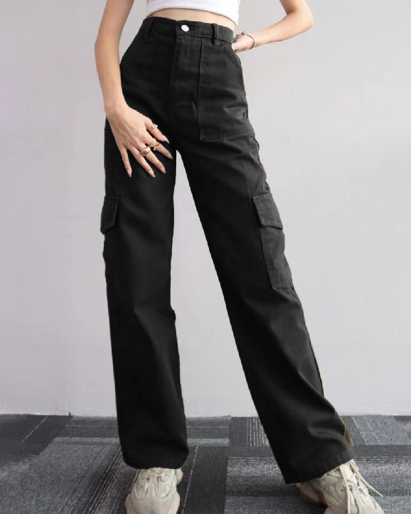 Pantalones vaqueros cargo rectos de talle medio para mujer, pantalones casuales con múltiples bolsillos