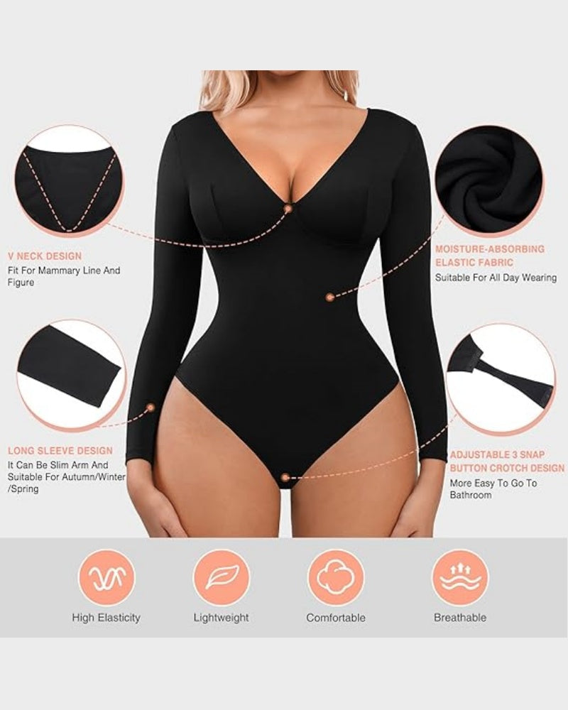 Tummy Control Long Sleeve Bodysuit V Neck One Piece Slim Top Shapewear