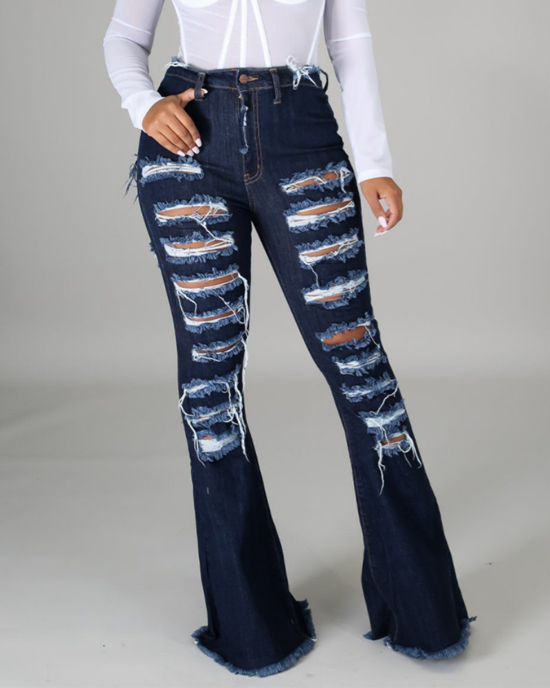 High-Waisted Broken Hole Flared Jeans for Women