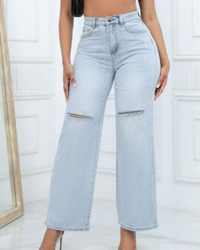 Versatile High Waist Ripped Wide Leg Jeans