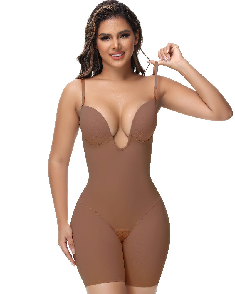 Women's U Plunge Strapless Tummy Control Bodysuit Low Back Built In Bra Shapewear