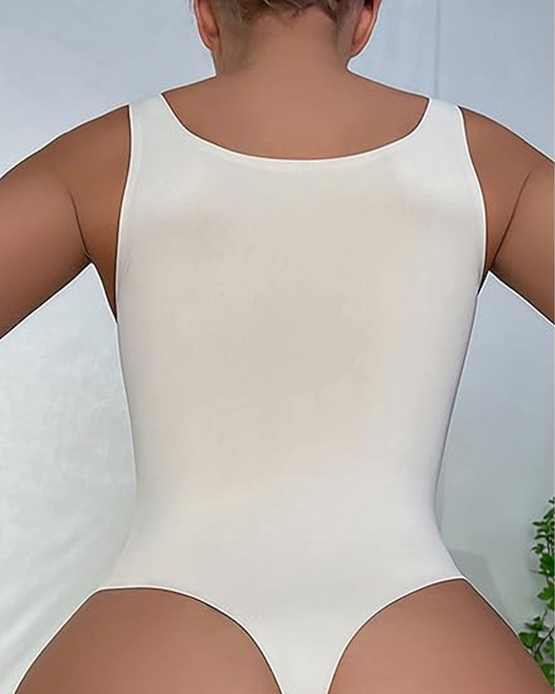 Seamless Solid Tank Top Stretch Square Neck Thong Shapewear Bodysuit