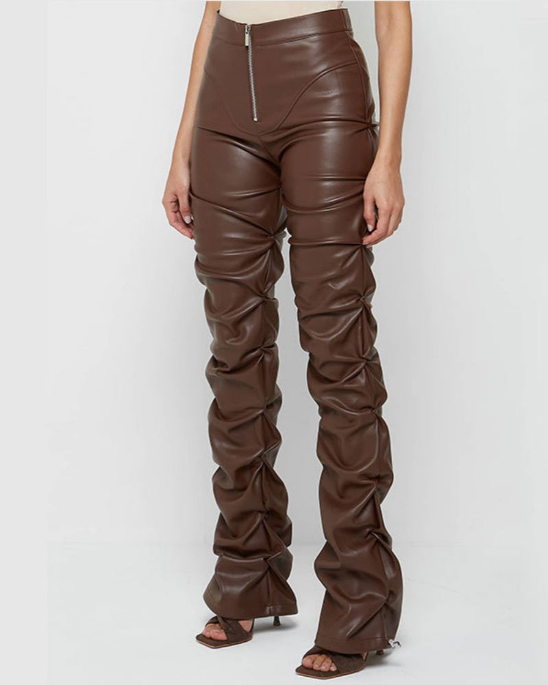 PU Leather Personalized Pleated Flared Pants