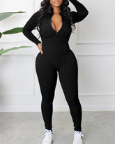 Women's Sexy Ribbed Long Sleeve Zipper Jumpsuits Casual Solid Bodycon Rompers