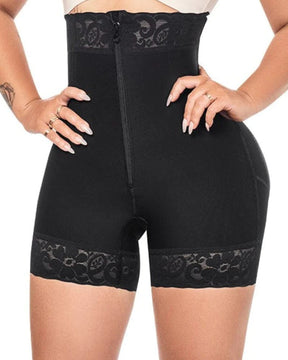 High Waist Butt Lift Shaper Zipper Short With Lace Trim