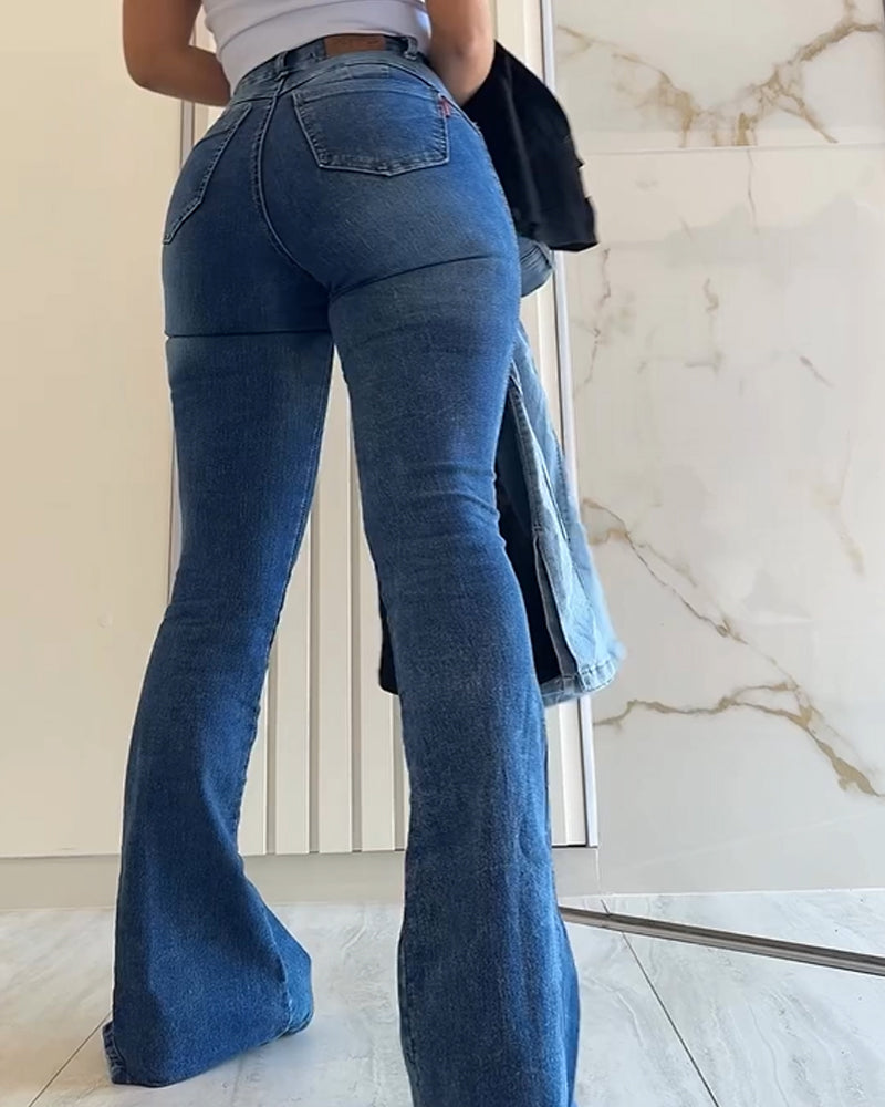 High Waisted Tummy Control Flared Slit Floor Length Jeans