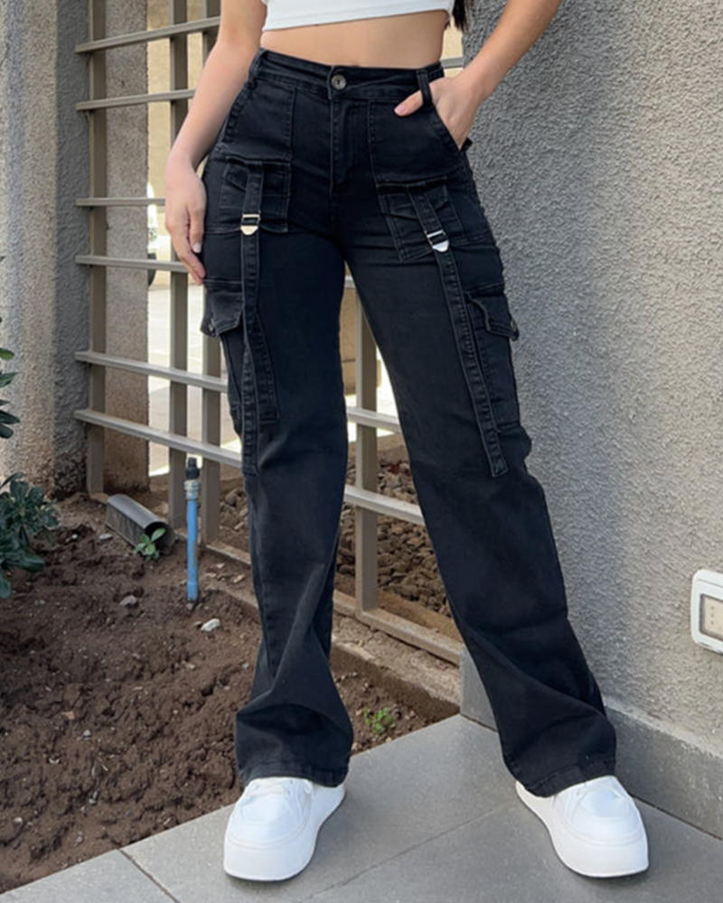 Women’s High Waisted Cargo Jeans with Adjustable Waistband（Pre-Sale）