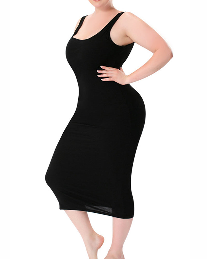 Women's Sleeveless Tank Midi Shapewear Dress Double Layer Tummy Control Bodysuit Dress