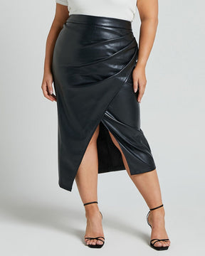 PU Slit Skirt High Waist Zipper Pleated Leather Skirt