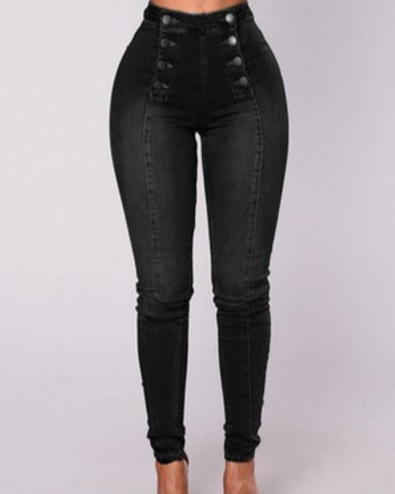 Trendy Double-breasted Multi-button Slim-fit Stretch Jeans