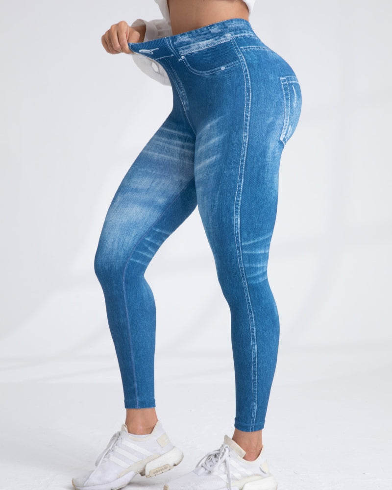 Seamless Printed Imitation Denim Yoga Pants Women's Quick Dry High Elastic